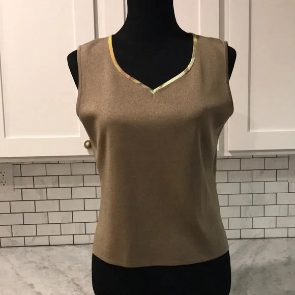 Ming Wang Top Womens Medium Olive Taupe V Neck Tank Luxe Luxury Money - Picture 1 of 9